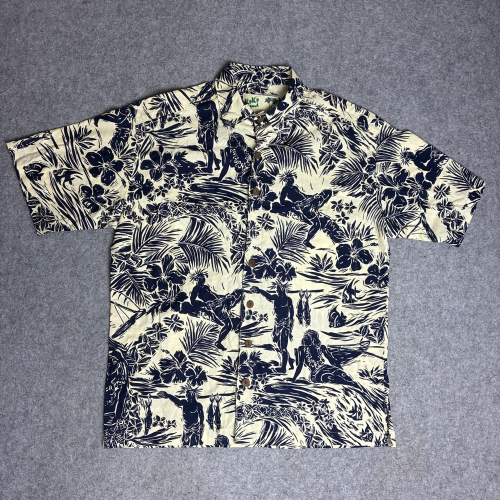 Koko Island Mens Medium Hawaiian Shirt Blue Cream Hula Tropical Print Cotton